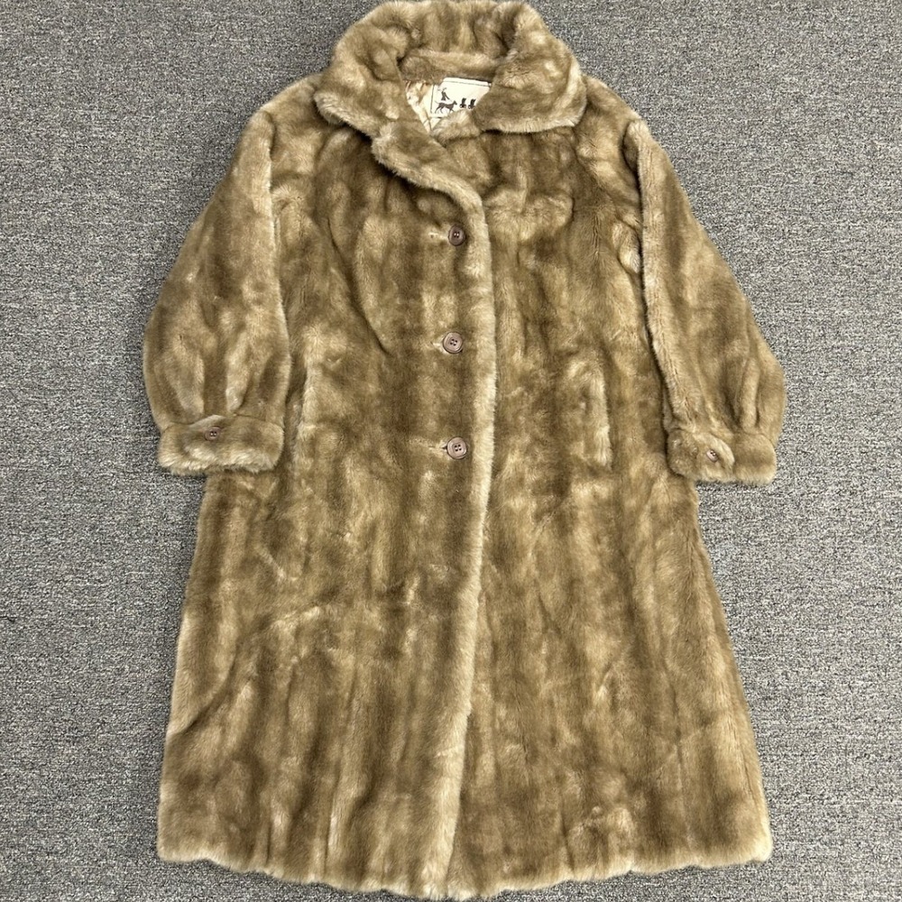 MMA Faux Fur Coat Women 10 Tan Vintage Button Front Mid Length 6162
